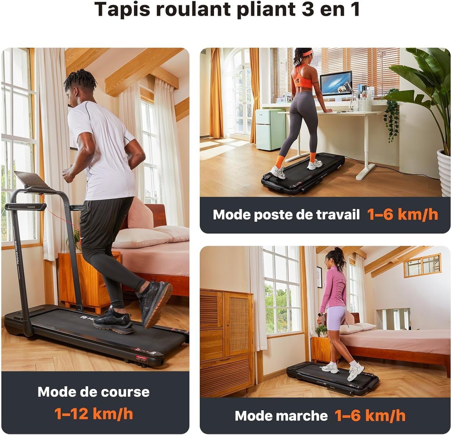 SE Smart Tapis de course pliable 3en1 12 km/h pour maison et bureau